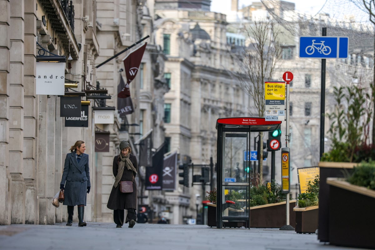 Two women walk down Regent Street during England’s third national lockdown