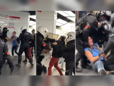 French riot cops brutally arrest 2 women... but retreat in face of big crowd of anti-Covid pass protesters in Paris mall