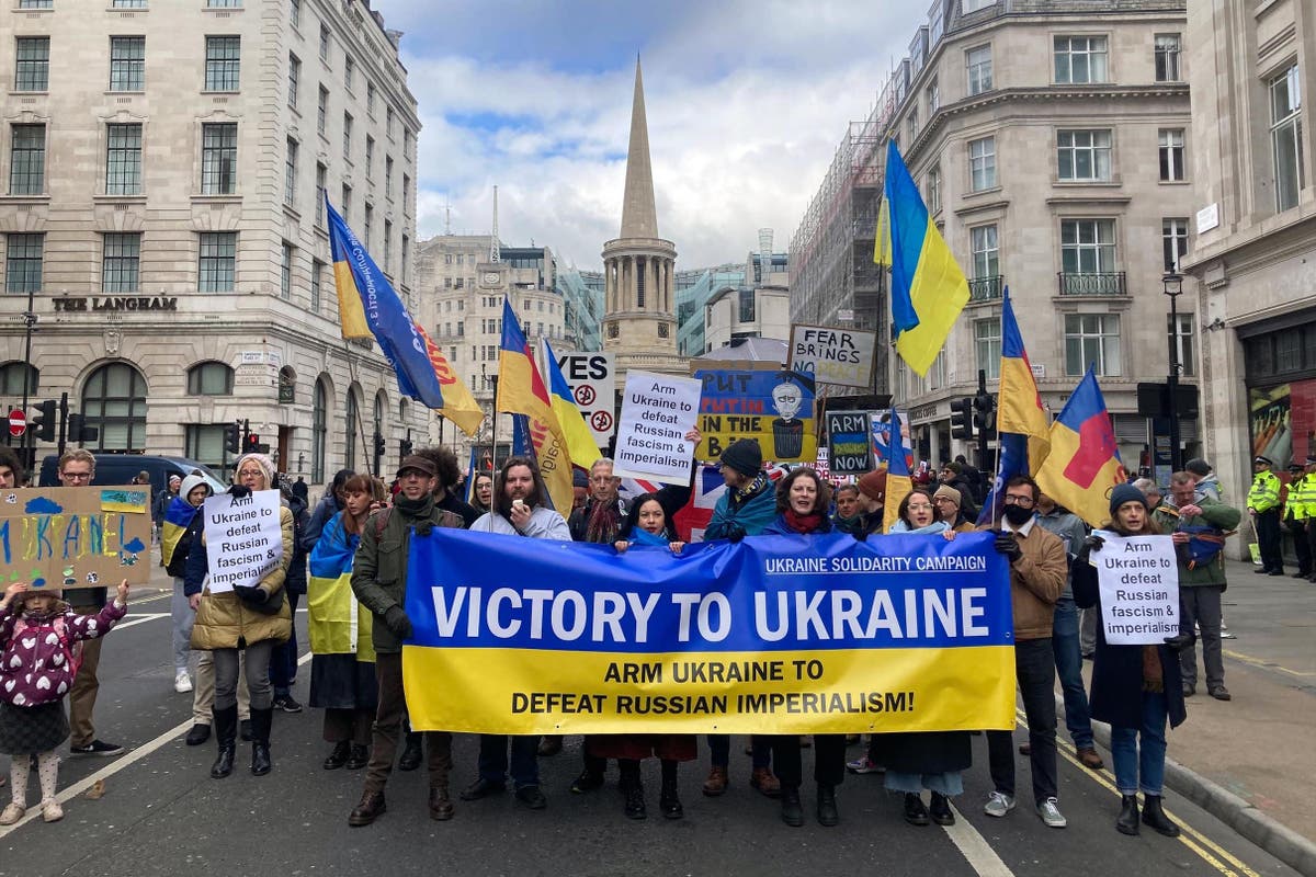 Protest groups descend on central London following anniversary of Ukraine war
