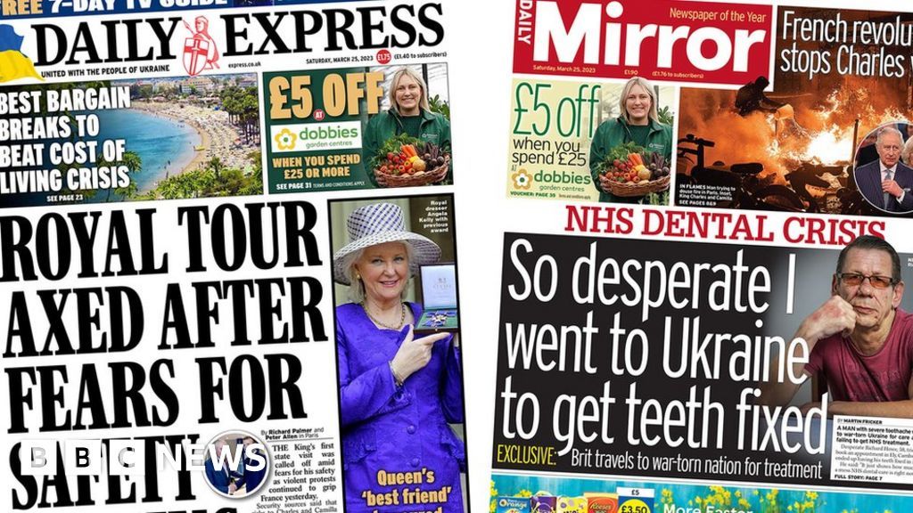 Newspaper headlines: 'Turmoil in France' and King's royal tour 'axed'