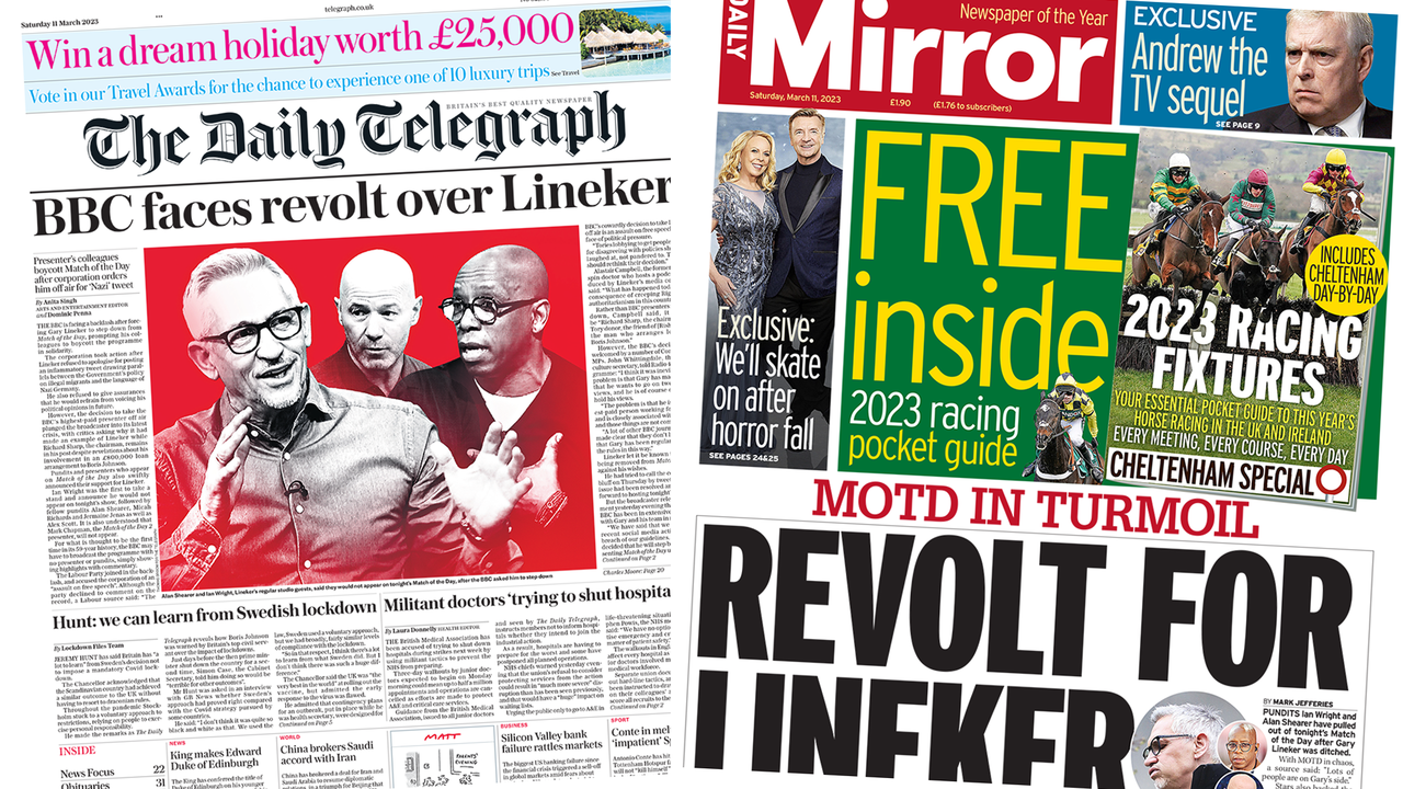 Newspaper headlines: BBC faces 'revolt' over Lineker as stars walk out