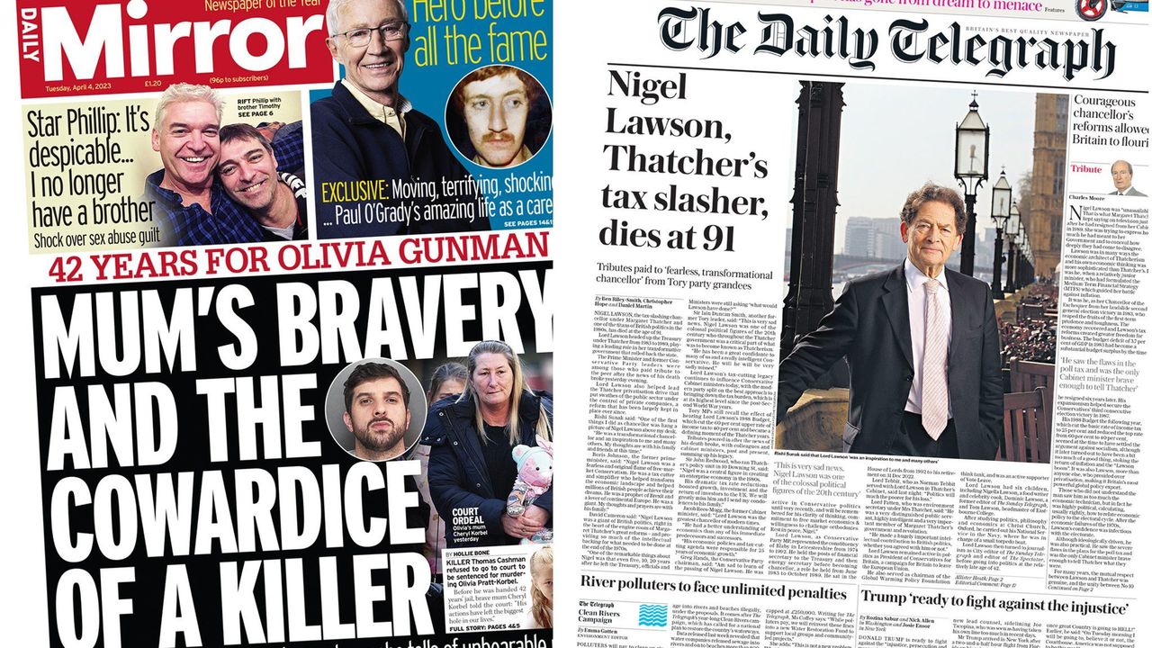 Newspaper headlines: Killer's 'cowardice' and Nigel Lawson dies at 91